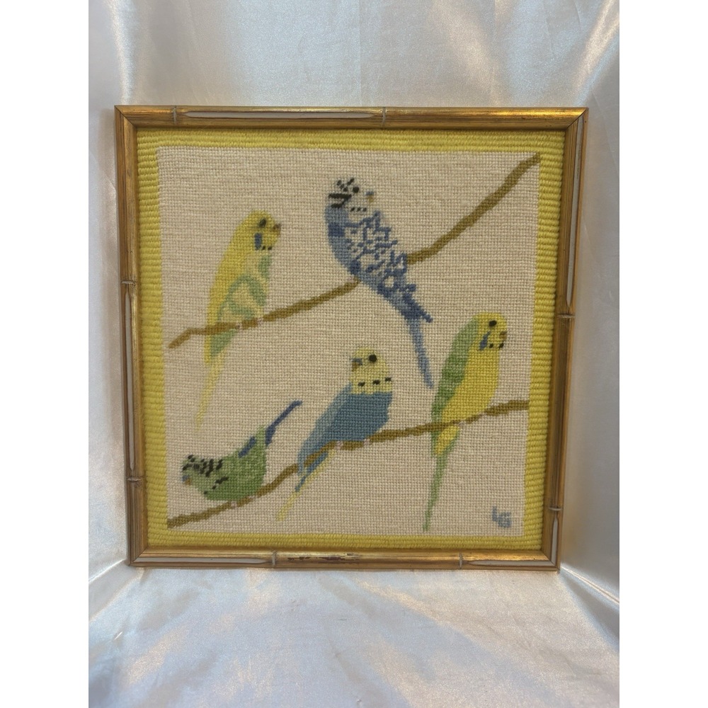 Vintage Whimsical Needlepoint, Birds on branch, Bamboo style frame Signed LG